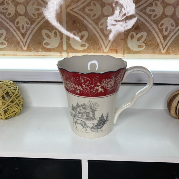 222 Fifth Andover Holiday Mug Horse and Sleigh Log Cabin Christmas Red White - Picture 2 of 5